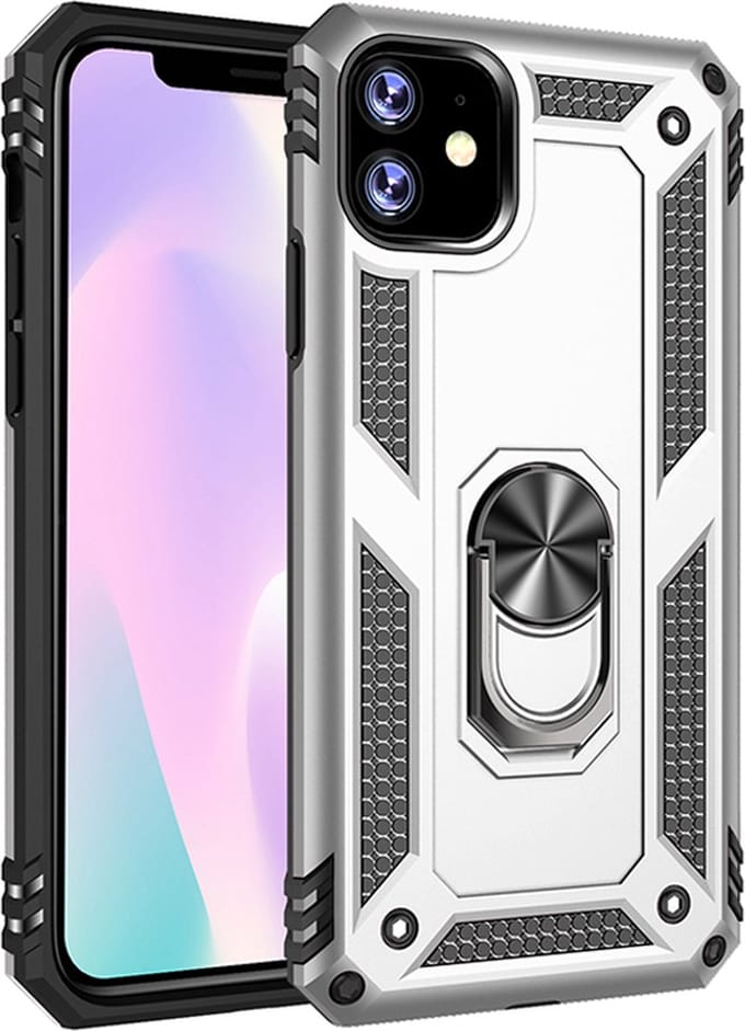 MobyDefend Hoesje - Geschikt voor iPhone 11 Pro - Pantsercase Met Draaibare Ring - Zilvergrijs