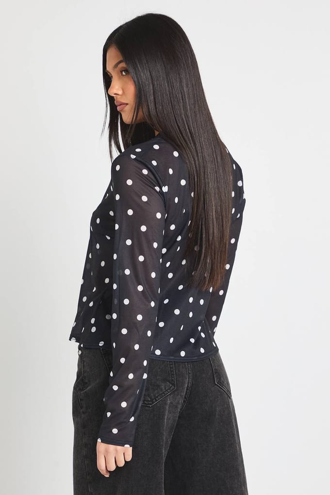 boohoo Dames Polkadot-print mesh top met knoopsluiting | Black/White | Maat: 8