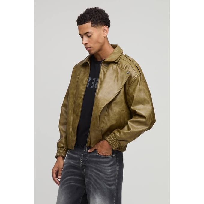 Oversized Double Collared Biker Jacket | Khaki | Size Large