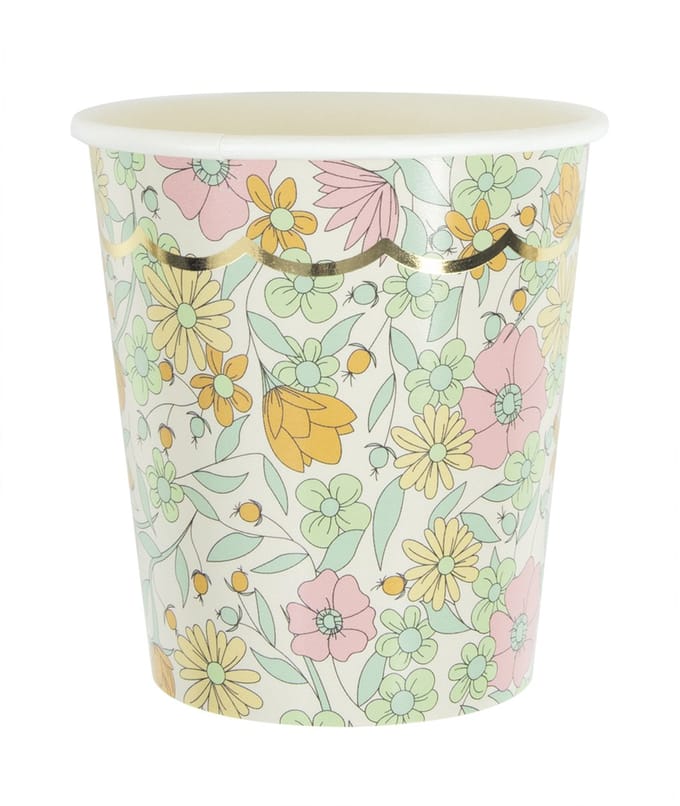 PARTYPRO - 8 feestelijke kartonnen bekers shabby goud 200 ml liberty bloemen