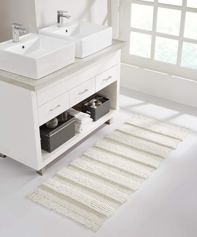 Boho Franje Badmat Loper Gestreept Wit Zacht voor Badkamer en Hal 61x152 cm