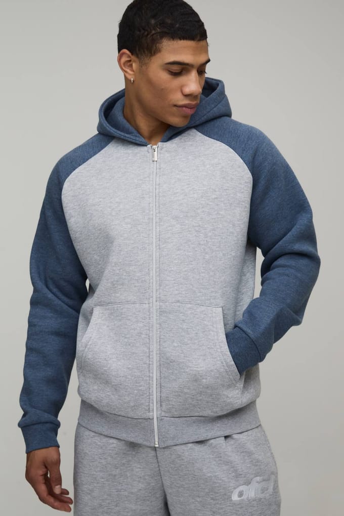 Regular Fit Raglan Sleeve Zip Through Hoodie | Grey Marl | Size Small