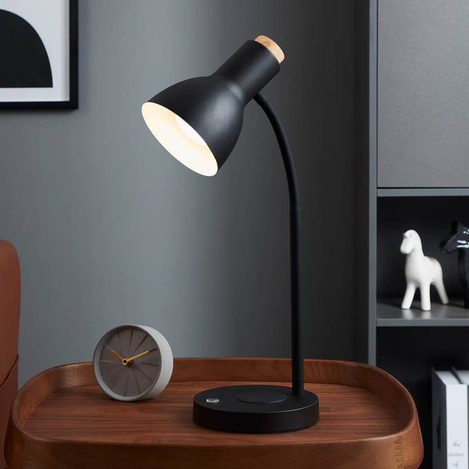 Eglo Bureaulamp Veradal Zwart Hout E27 Met Qi-lader