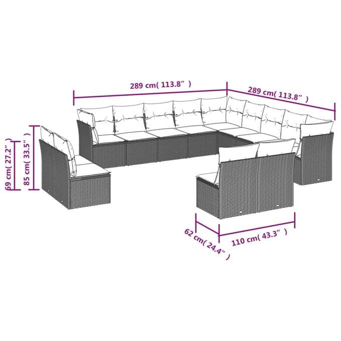 vidaXL - 13-delige - Loungeset - met - kussens - poly - rattan - beige