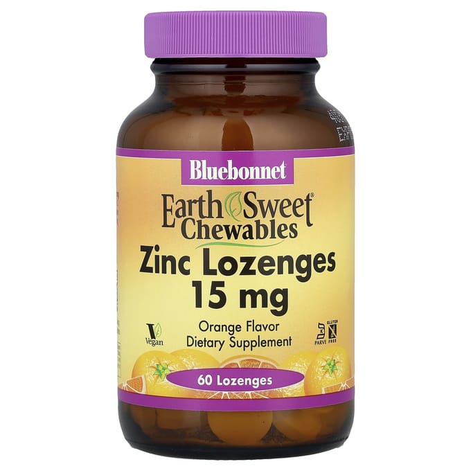 Bluebonnet Nutrition, EarthSweet Kauwtabletten, Zinkpastilles, Sinaasappel, 15 mg, 60 Pastilles