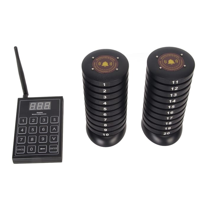 Draadloos Gastoproepsysteem Systeem met Lange Afstand met Zender en 20 Pagers voor UK PLUG black