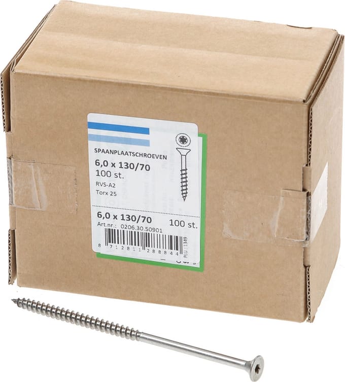 Hoenderdaal Spaanplaatschroef RVS platverzonken kop TX25 deeldraad 6.0X130/70 (per 100 stuks)