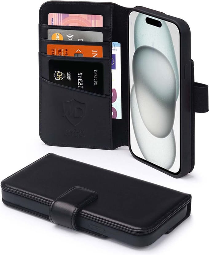 MobyDefend Hoesje - Geschikt voor iPhone 15 - Luxe Leren Wallet Bookcase - Zwart