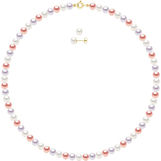 Set bestaande uit: Ketting van echte gekweekte zoetwaterperlen semi-rond 6-7 mm