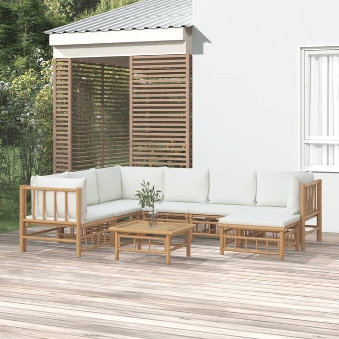 vidaXL - 8-delige - Loungeset - met - kussens - bamboe - crèmewit