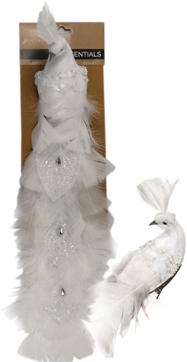 HOGEWONING BV - Witte vogel op clip, 36 cm, met veren
