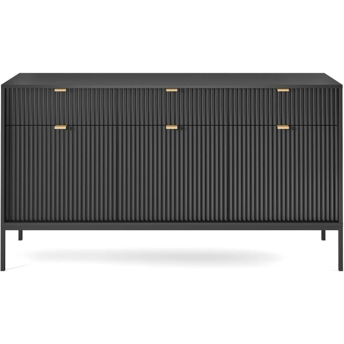 Selsey Vellore - driedeurs commode 154 cm - zwart met gecanneleerde fronten en goudkleurige handgrepen