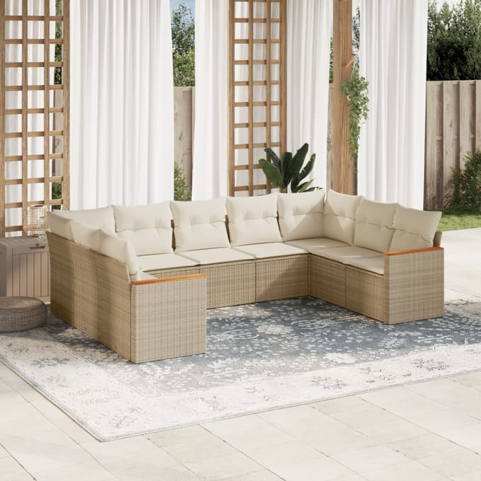 vidaXL - 9-delige - Loungeset - met - kussens - poly - rattan - beige