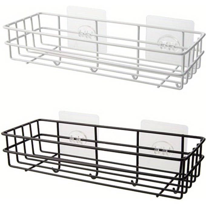 2 pièces support de rangement avec crochets adapté à la cuisine salle de bain chambre bureau support de rangement fer salle de bain support perforé support suspendu 1pc white+1pc black white