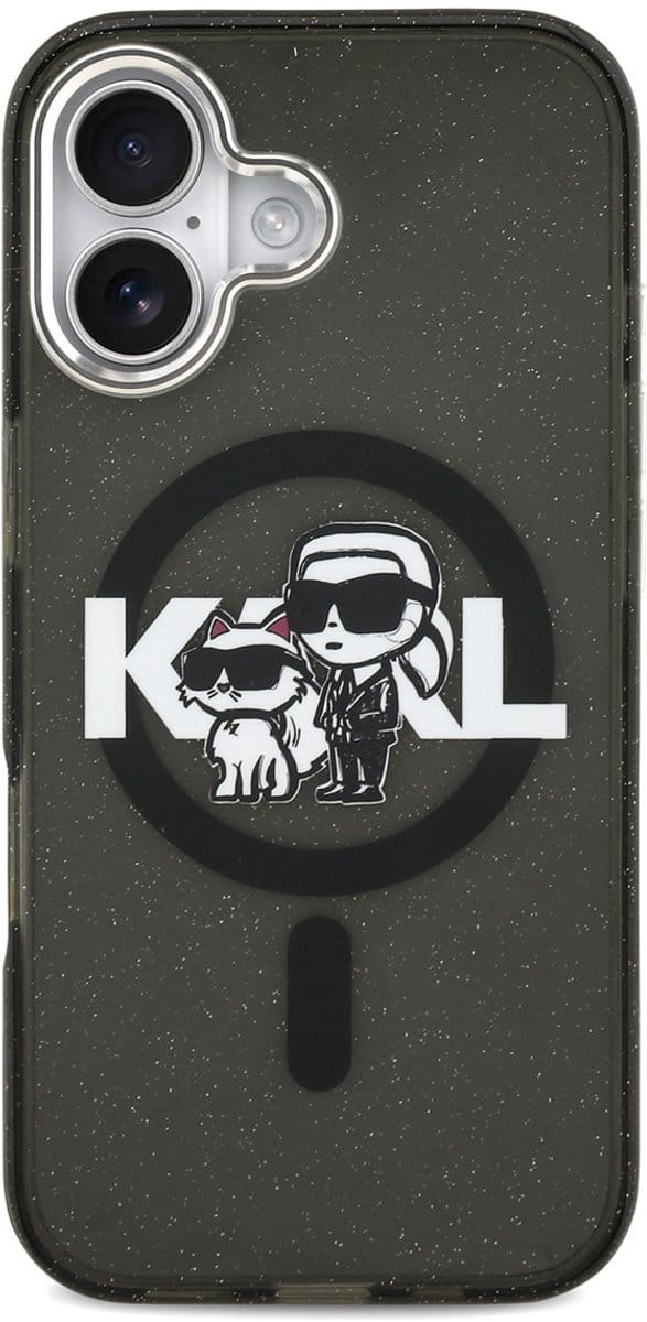 MagSafe hoesje voor Apple iPhone 17, Karl Lagerfeld, IML Sketch Logo Glitter Karl & Choupette, Zwart