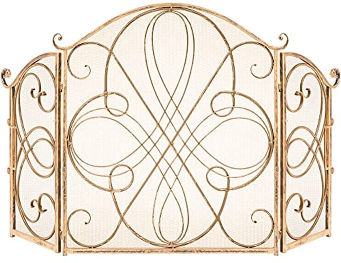 3-Panel Massief Smeedijzeren Open Haardscherm - Vonkbeschermer Veiligheidsbeschermer - Goud