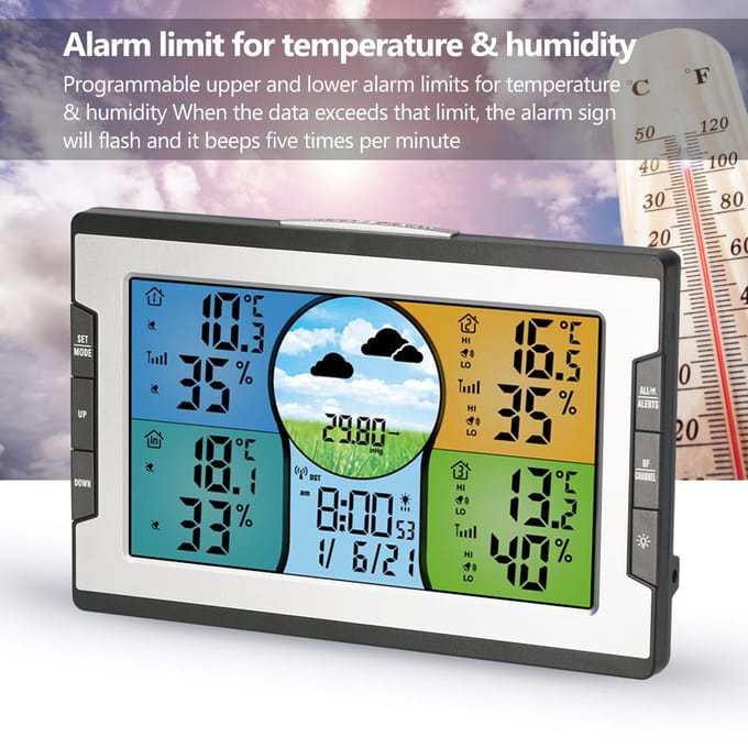 KKmoon Digitale Multifunctionele Klok RF 4 Kanalen Binnen- & Buitentemperatuur & Vochtigheid zwart