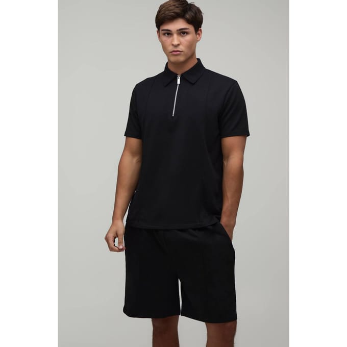 Regular Fit Polo En Short Set Met Naaddetail En 1/4 Rits | Black | Size Medium