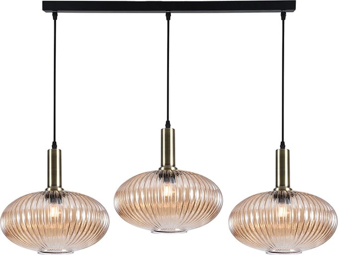 Olucia - CHARLOIS - Hanglamp - Amber / Goud - 3L - Vorm: Rechthoek