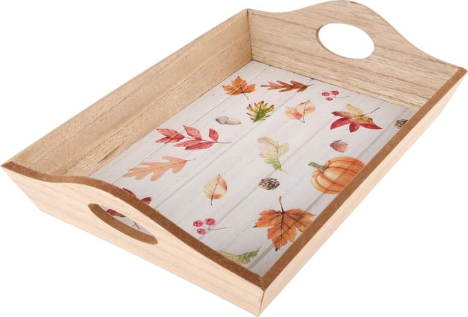 Dekoratief | Dienblad m/herfstblaadjes, hout, 30x20x7cm | A245682