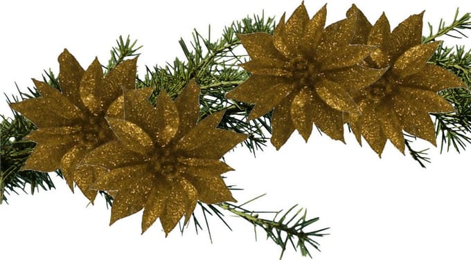 Kerstboomversiering Bloemen - 4x stuks - 9 cm - goud glitter - op clip