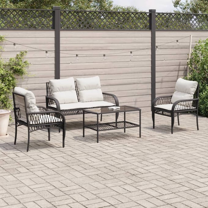 vidaXL - 4-delige - Loungeset - met - kussens - poly - rattan - zwart