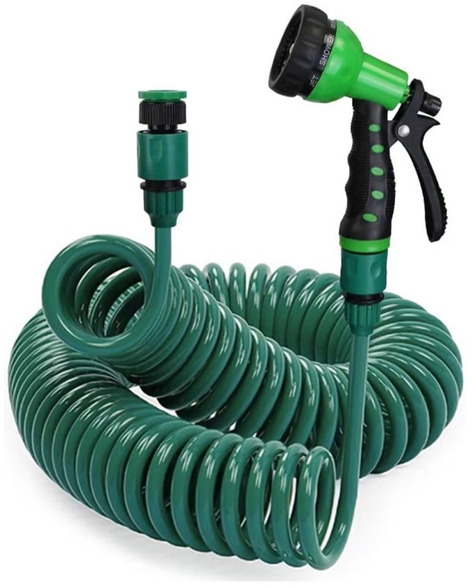 Flexibele Tuinslang met Sproeikop - 15 meter - spiraalslang - 7 standen - Flexibel Elastisch - aansluitingen - ideaal voor kleine tuinen