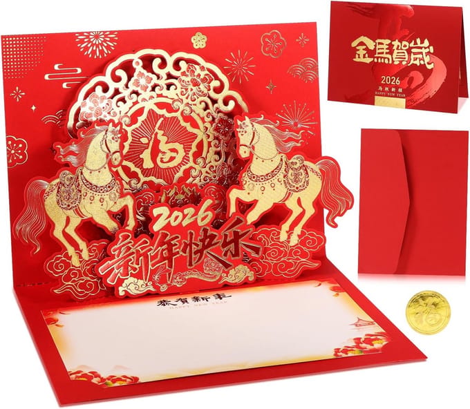 3D Pop-up Wenskaart Chinees Nieuwjaar Jaar van het Paard met Envelop