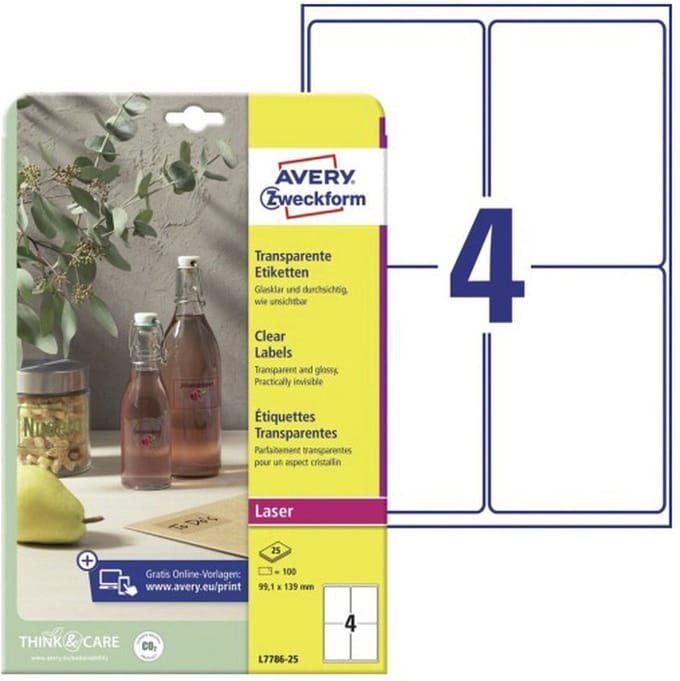 Laseretiket Avery 99 - 1x139mm transparant 25 vel 4 etiketten per vel