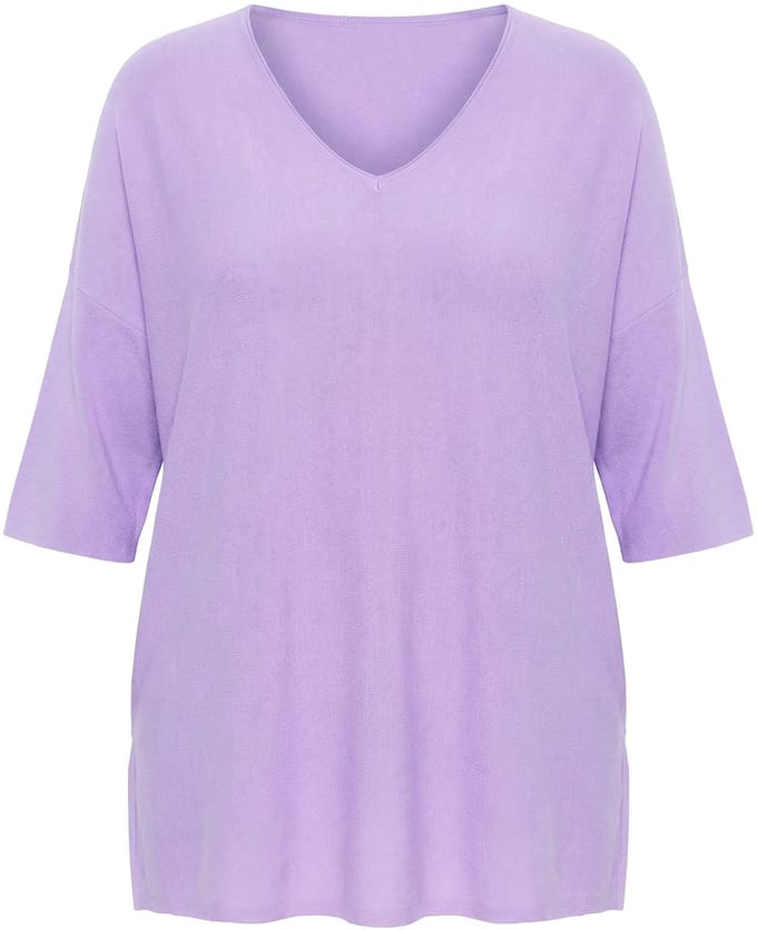 Ulla Popken - Dames - Trui oversized V-hals korte mouwen - Licht violet - Maat 42+