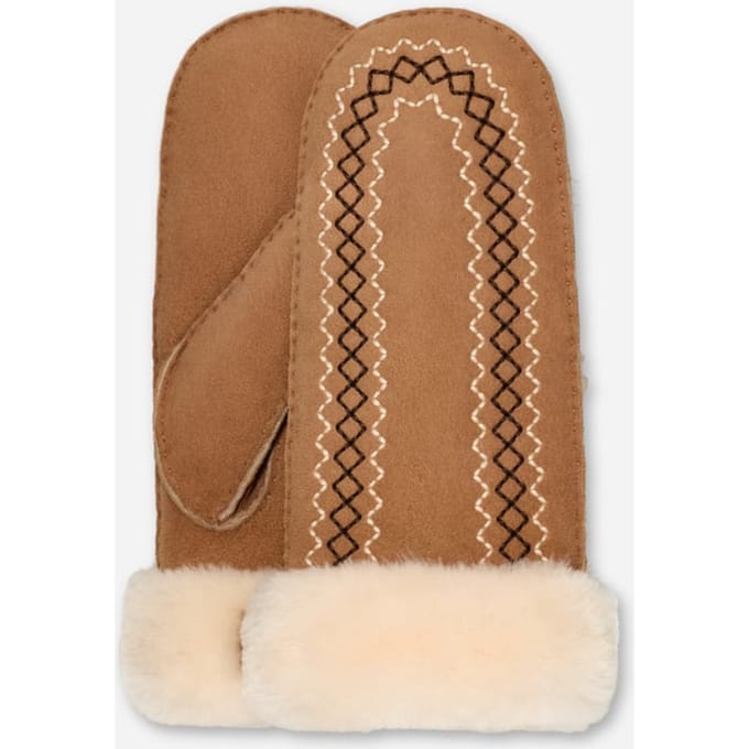 UGG® Atherson Embroidered Mitten for Women in Brown, Size S/M, Shearling/Leather