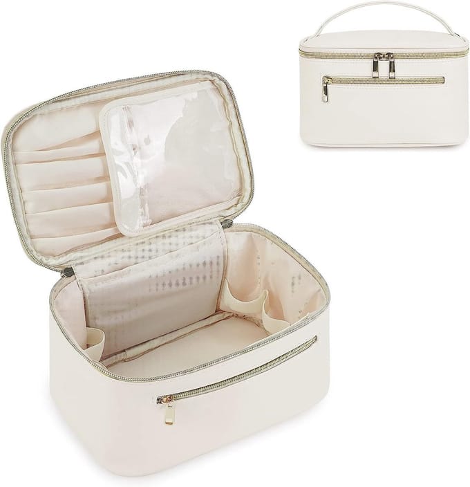 Make-uptas - Reistas - Toilettas - Opbergtas - Groot formaat - Met borstelvak - PU-leer - Draagbaar - Beige