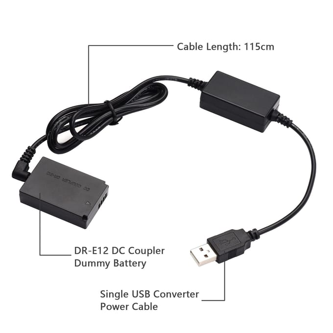 Andoer DR-E12 USB Power Kit DC-koppelstuk Dummy-batterij Vervang LP-E12-batterij met USB DC zwart