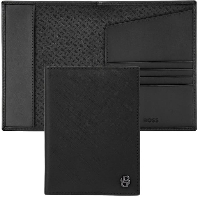 HUGO BOSS Leren identiteitskaarthoesje Double B Passport Case Saffiano Black zwart