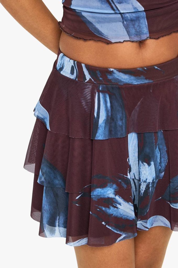 boohoo Dames Bloemenprint gestapelde mini-rok | Chocolate | Maat: 8