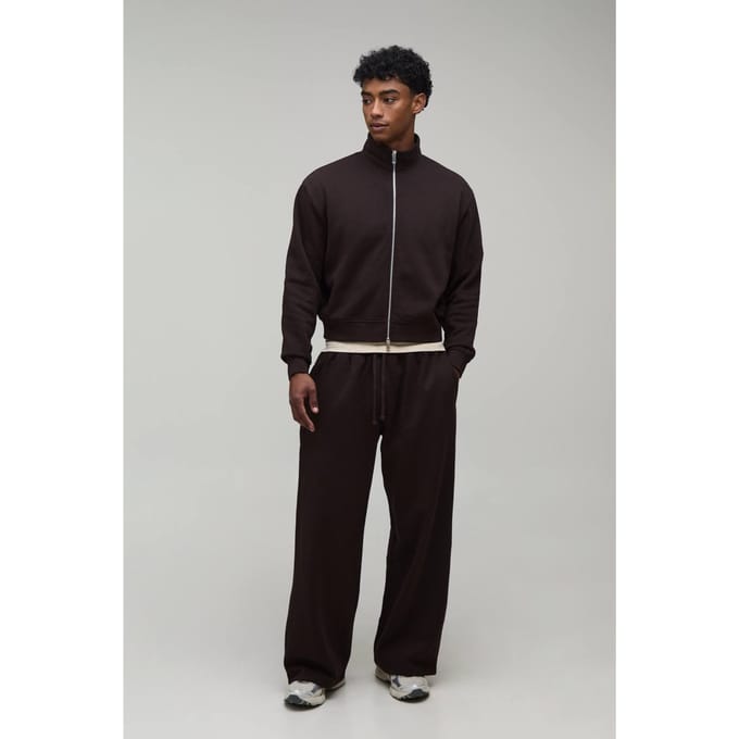 Oversized Verkort Trainingspak Met Ritssluiting, Col En Wijde Pijpen Joggingbroek | Chocolate | Size Medium