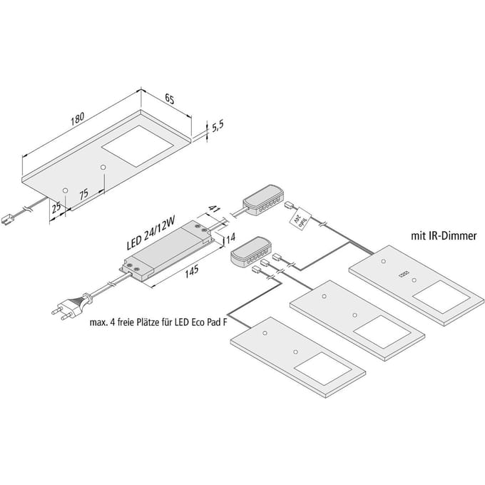 Hera Eco Pad F Ledset met 3 spots en infrarood dimmer/schakelaar