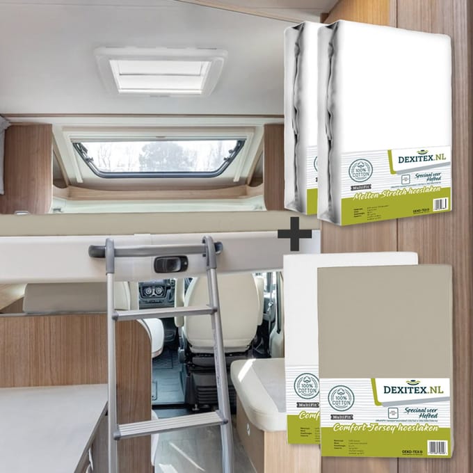 Dexitex hefbed 2 x Molton & 2 hoeslakens Wit + Zandkleur / Geschikt voor Camper