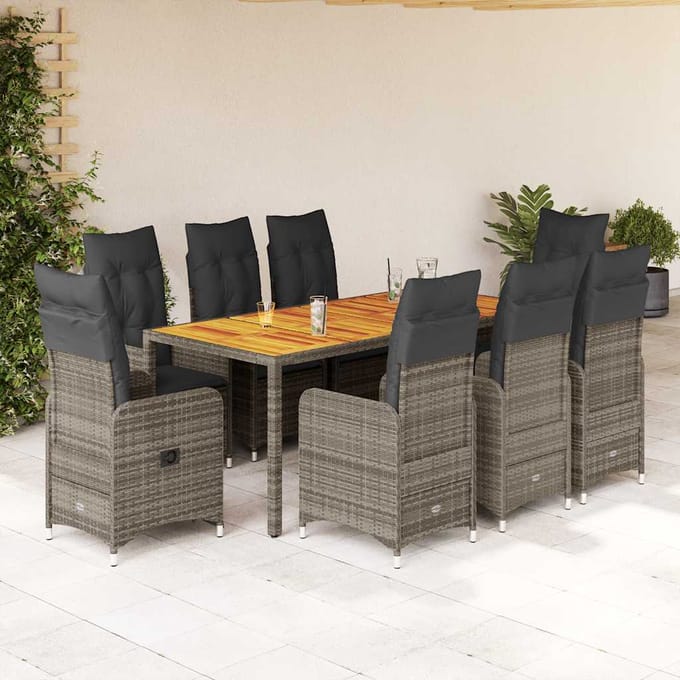 vidaXL - 9-delige - Bistroset - met - kussens - poly - rattan - grijs
