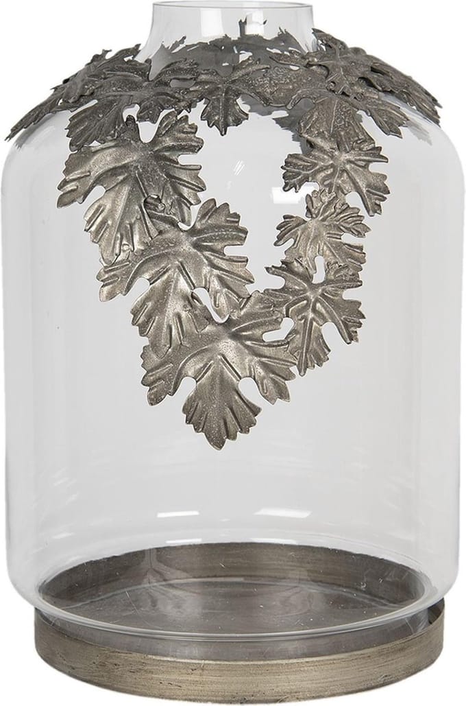 Clayre & Eef Windlicht Ø 28*40 cm Transparant Metaal / glas Rond Blaadjes Kaarsenhouder