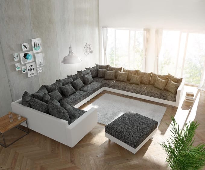Couch Clovis XXL wit zwart met hocker en armleuning Ottomane rechts leven woonlandschap