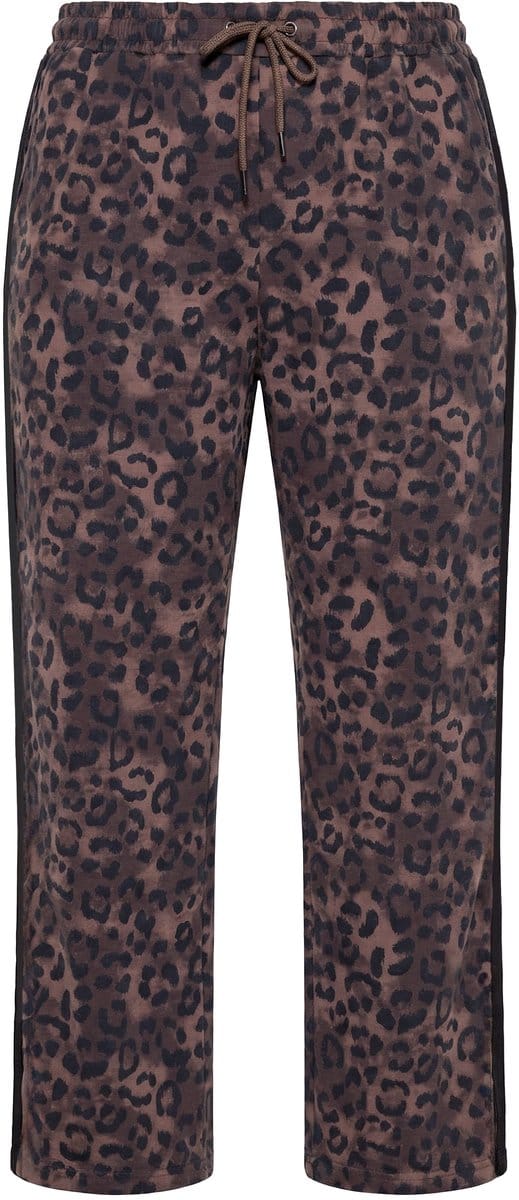 Ulla Popken - Dames - Sweatpants roze luipaardprint wijde pijp elastische band - Donkertaupe - Maat 58+