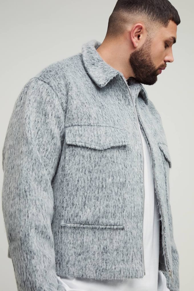 Plus Wool Blend Smart Zip Up Regular Fit Cargo Jacket | Grey | Size 2XL