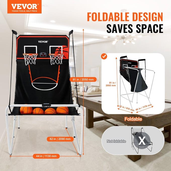 Jeu d'arcade de basket-ball à double panier pliable pour intérieur, 2 joueurs, 4 balles