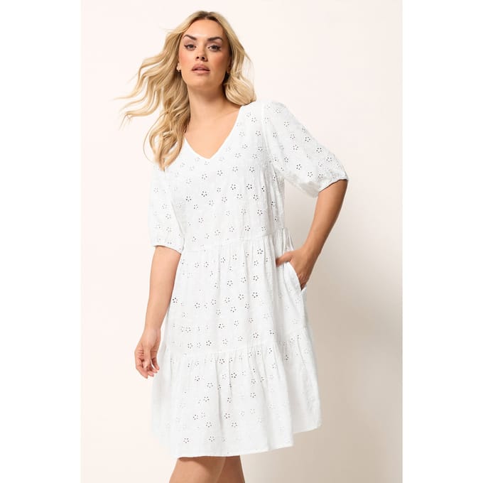 Yours Witte Gelaagde Jurk Met Broderie Anglaise Size 50-52