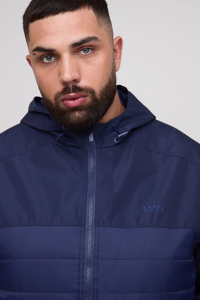 Plus Regular Fit Lightweight Gewatteerde Capuchonjas | Navy | Size 2XL