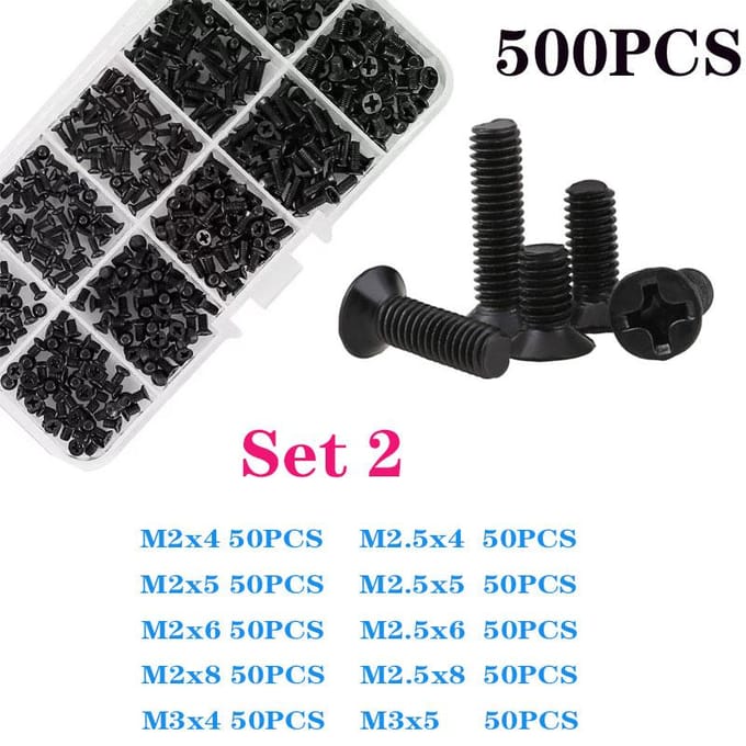 KM M2 M2.5 M3 Schroef Platte Kop Kruiskop Machineschroeven Laptop Notebook Schroeven Set Kit computer klein Zwarte Bouten SET2 500PCS black