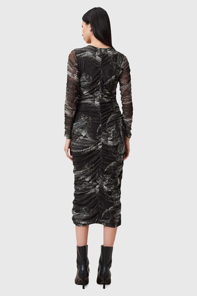 AllSaints Keiko Mesh Dress Evolve Slate Grey Maat: 6 | Midi Jurken Outlet | Dames | Zwart