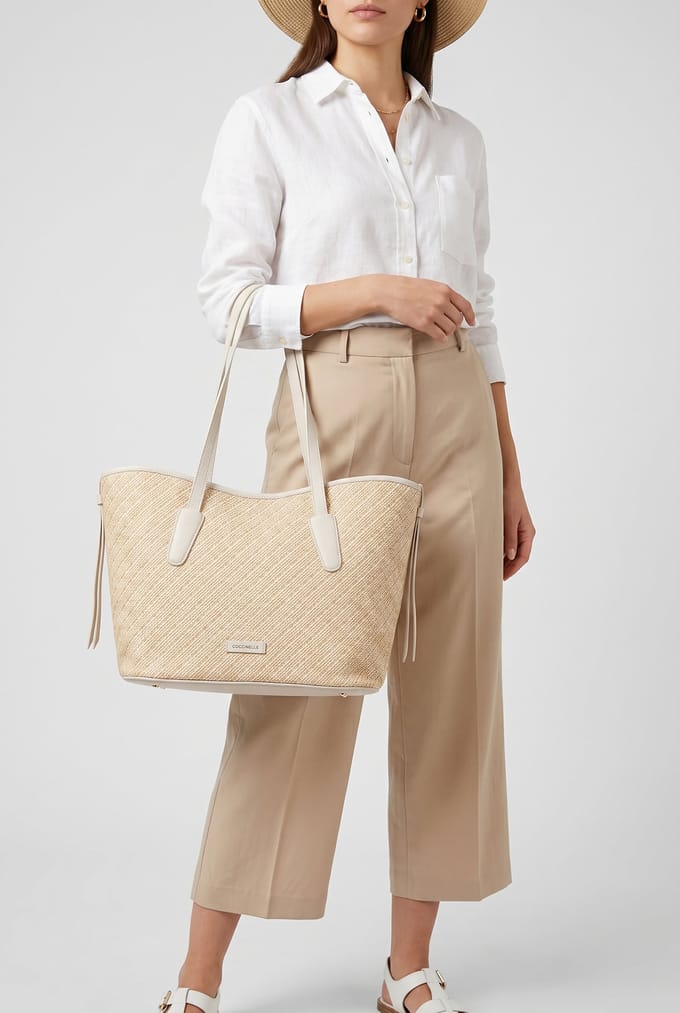 COCCINELLE Leren Shopper Schoudertas New Never Without Bag Bicolor Straw Handbag Mul. Blanco / Blan Beige