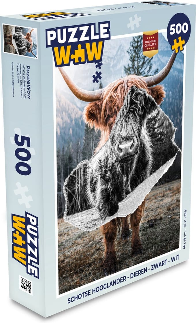 Puzzel Schotse hooglander - Dieren - Zwart - Wit - Legpuzzel - Puzzel 500 stukjes
